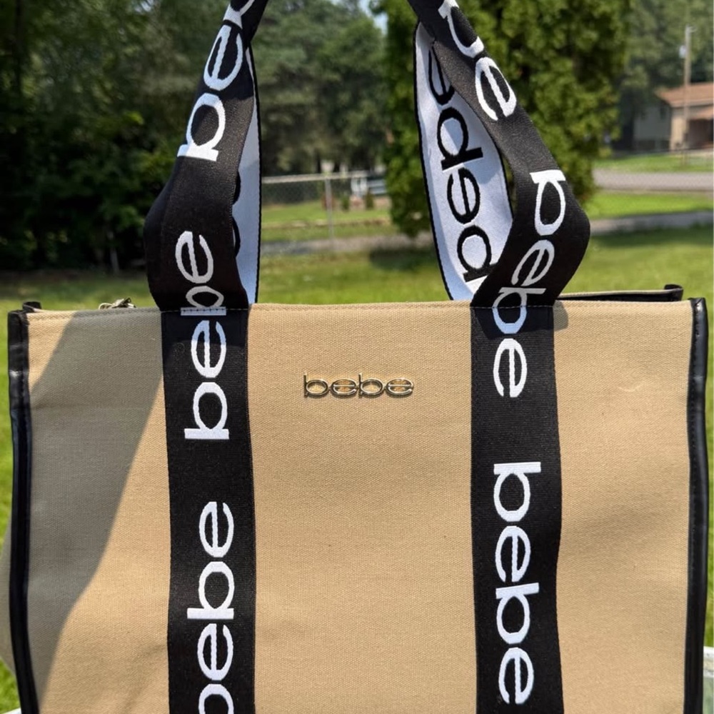 Bebe Beige and Black Logo Tote